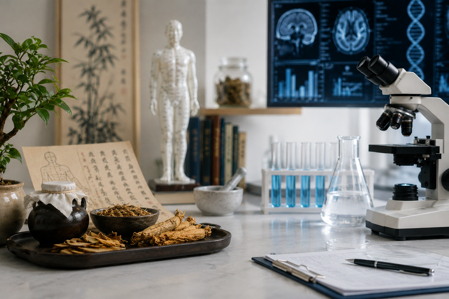 Traditional Eastern medicine tools like acupuncture charts and herbs alongside Western lab equipment including a microscope and diagnostic scans